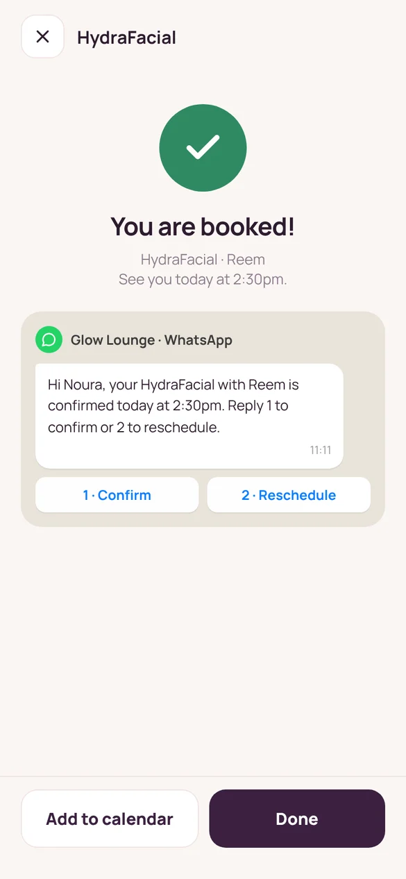 Glow Lounge confirmation