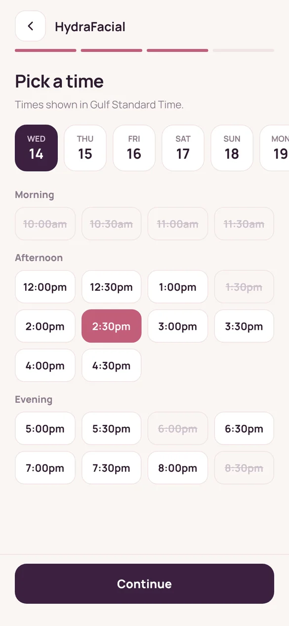 Booking screen
